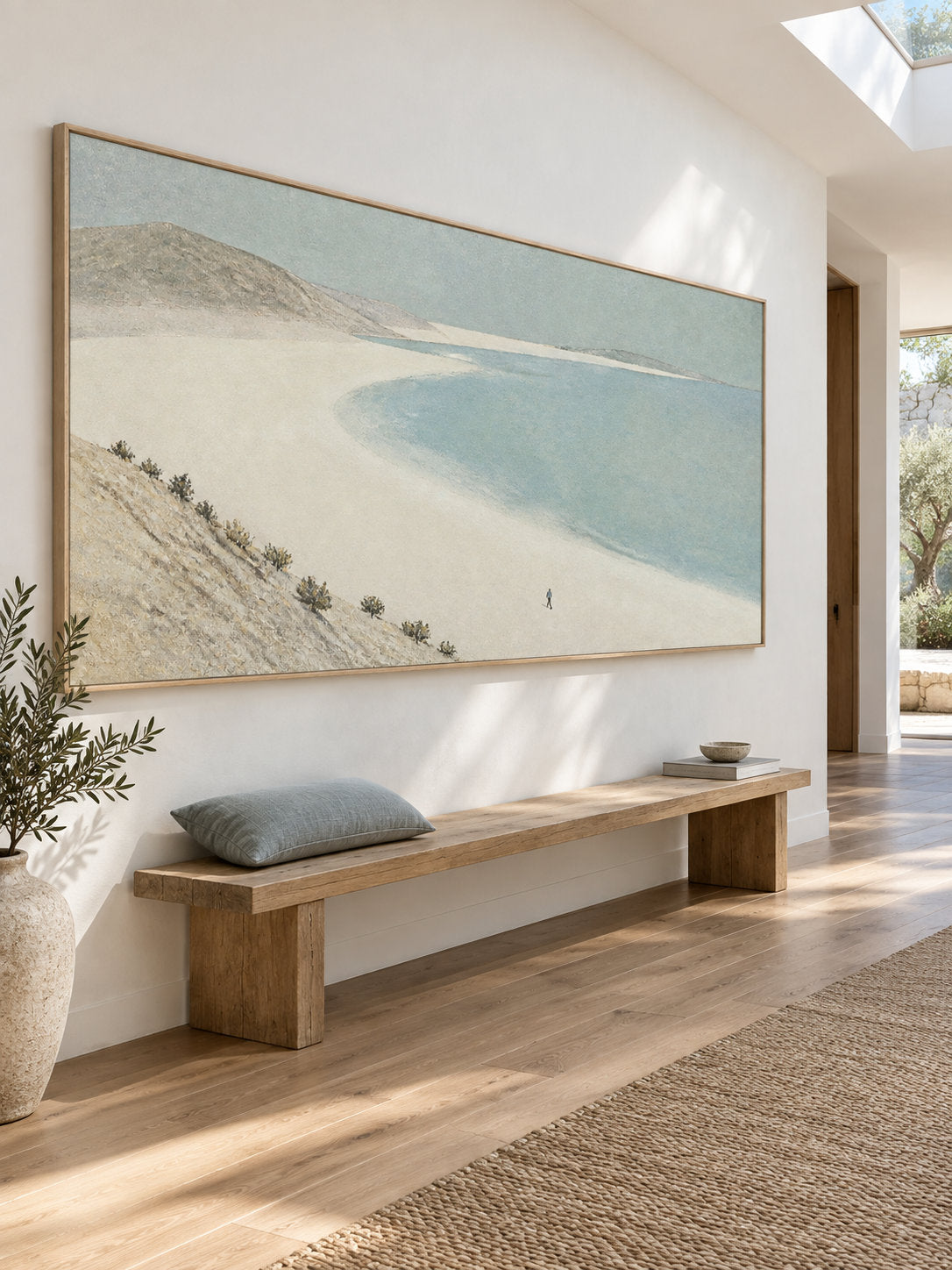 Contemporary Curved Shore Canvas Painting For Modern Coastal Bedroom Decor