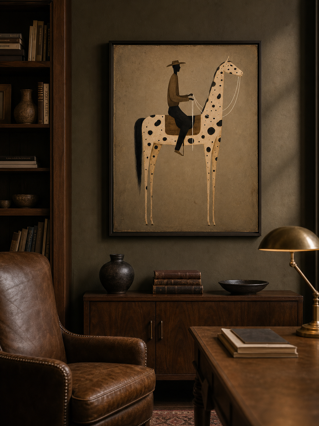 Vintage Equestrian Oil Painting Featuring A Stylized Rider On A Spotted Horse In Earthy Tones