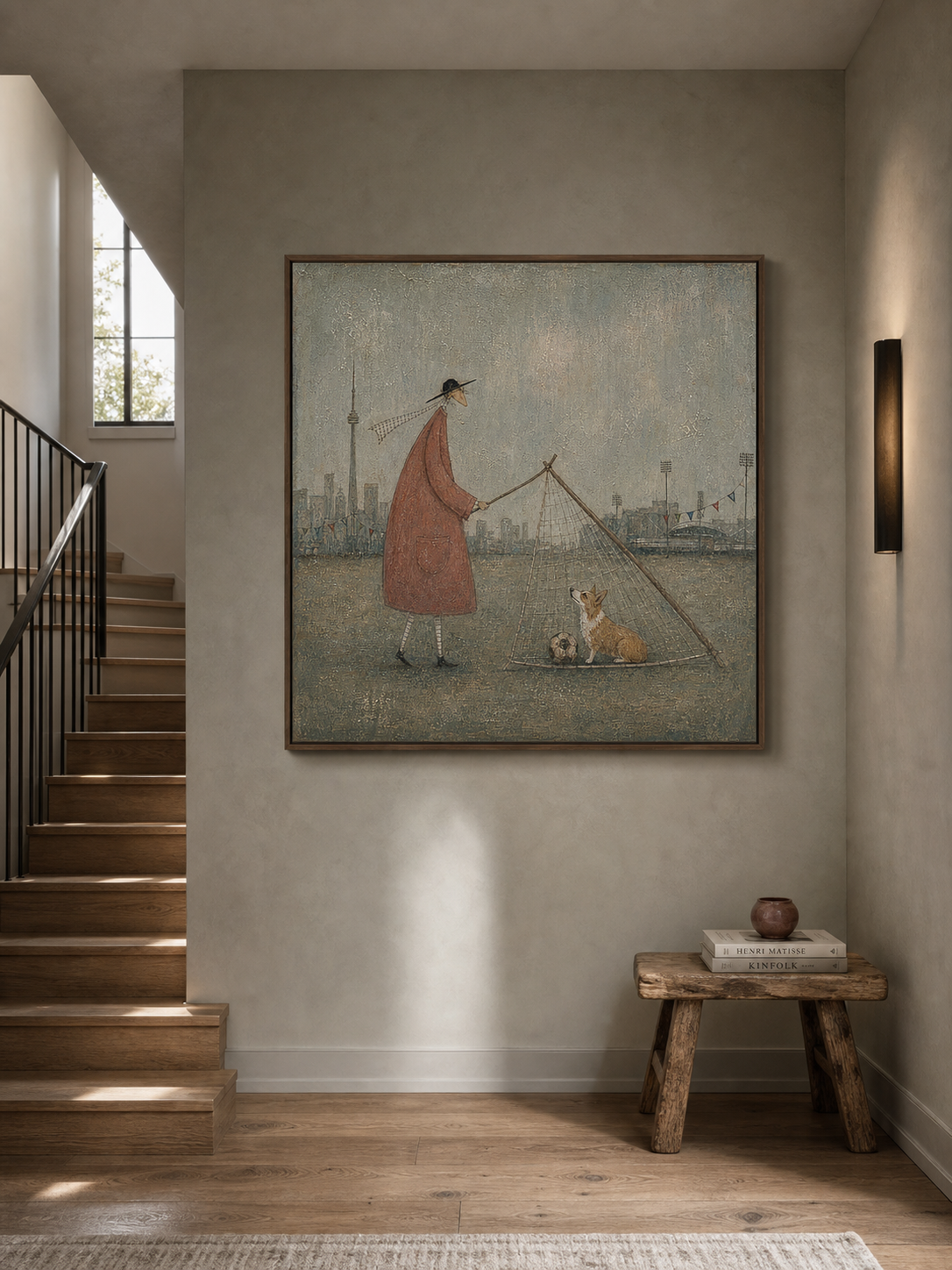Original Hand Painted Corgi Soccer Painting Whimsical City Wall Art