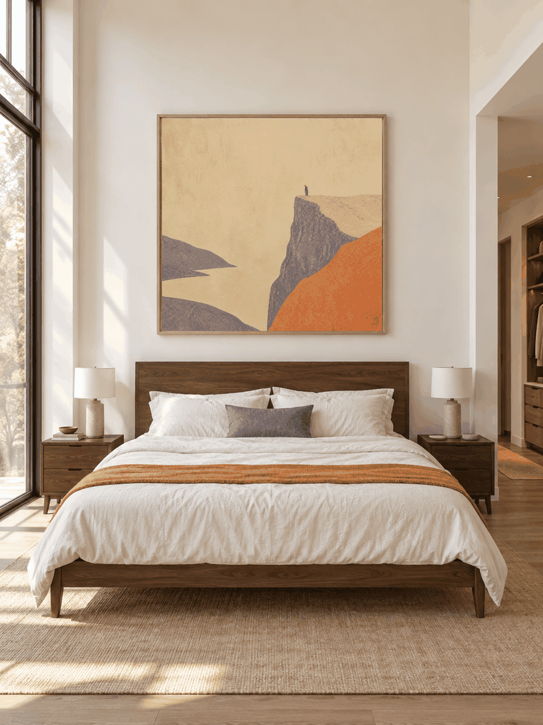 Hand Painted Minimalist Coastal Cliff Oil Painting With Tiny Figure Wall Art