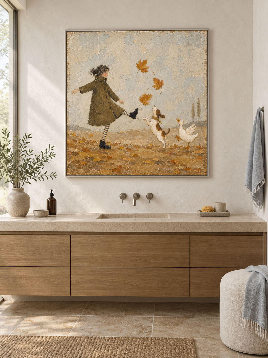 Autumn Leaf Dance Canvas Art With Dog And Duck For Cozy Living Room Decor