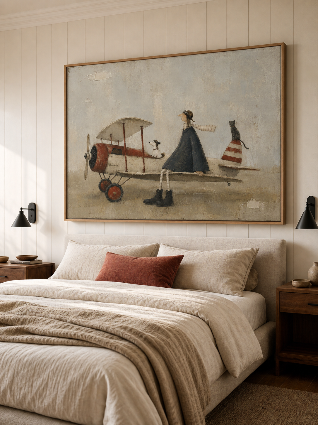 Large Framed Vintage Airplane Canvas Painting With Pilot And Cute Pets