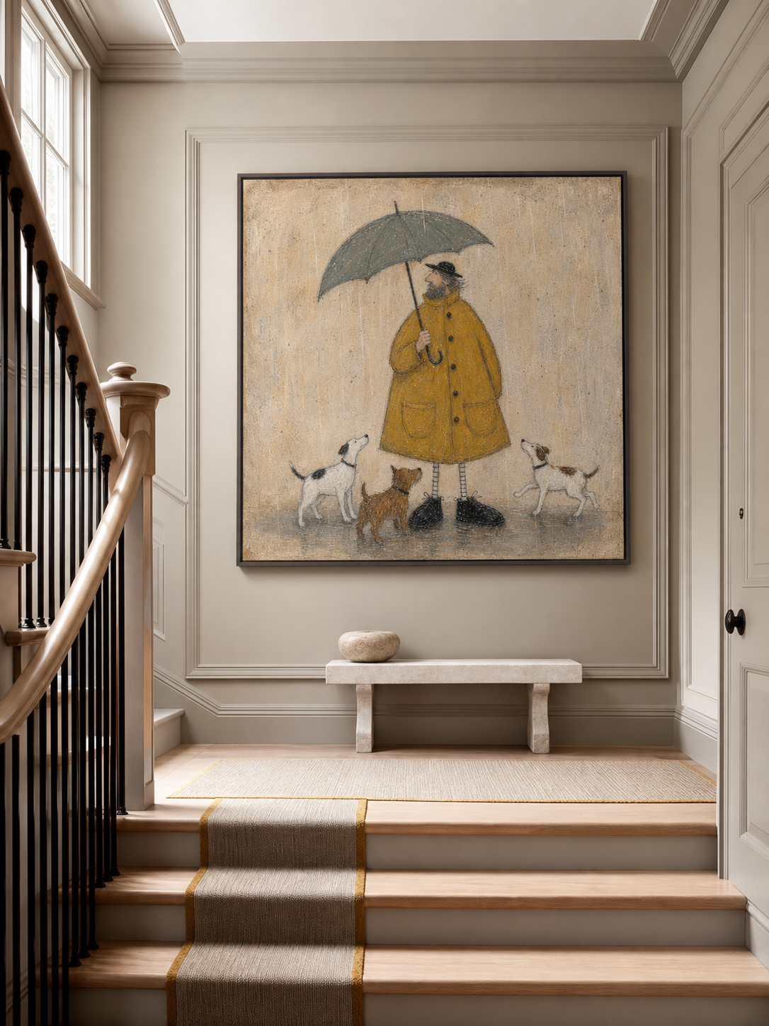 Whimsical Man With Dogs Under Umbrella Vintage Oil Painting For Cozy Home Decor