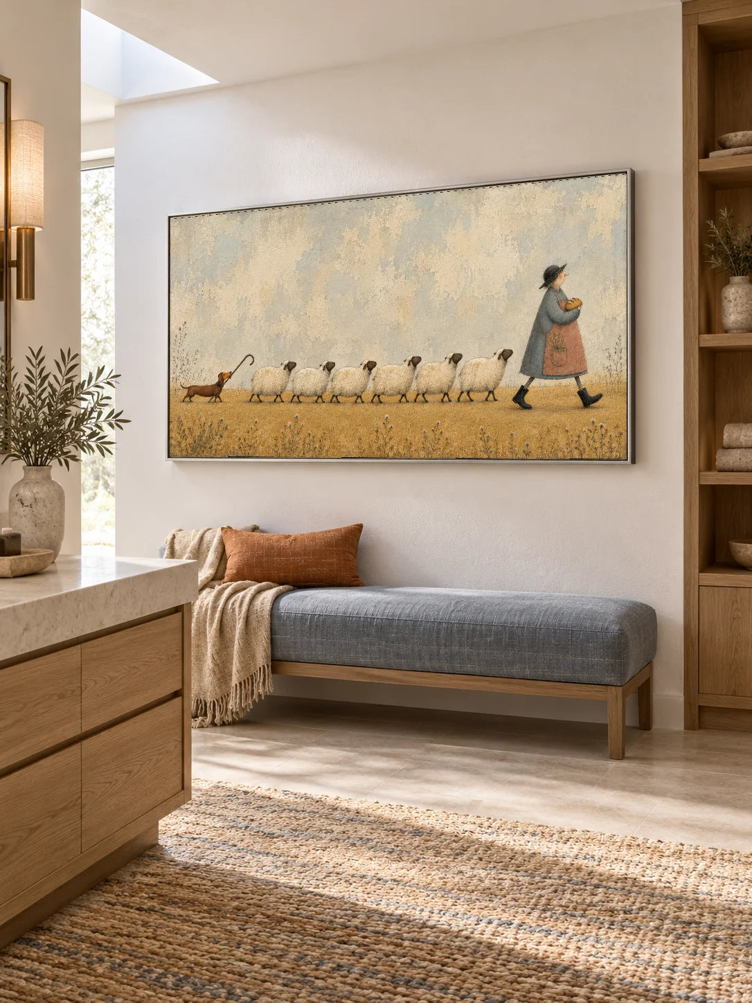 Whimsical Sheep And Dachshund Farm Animal Canvas Painting Hand Painted Wall Art