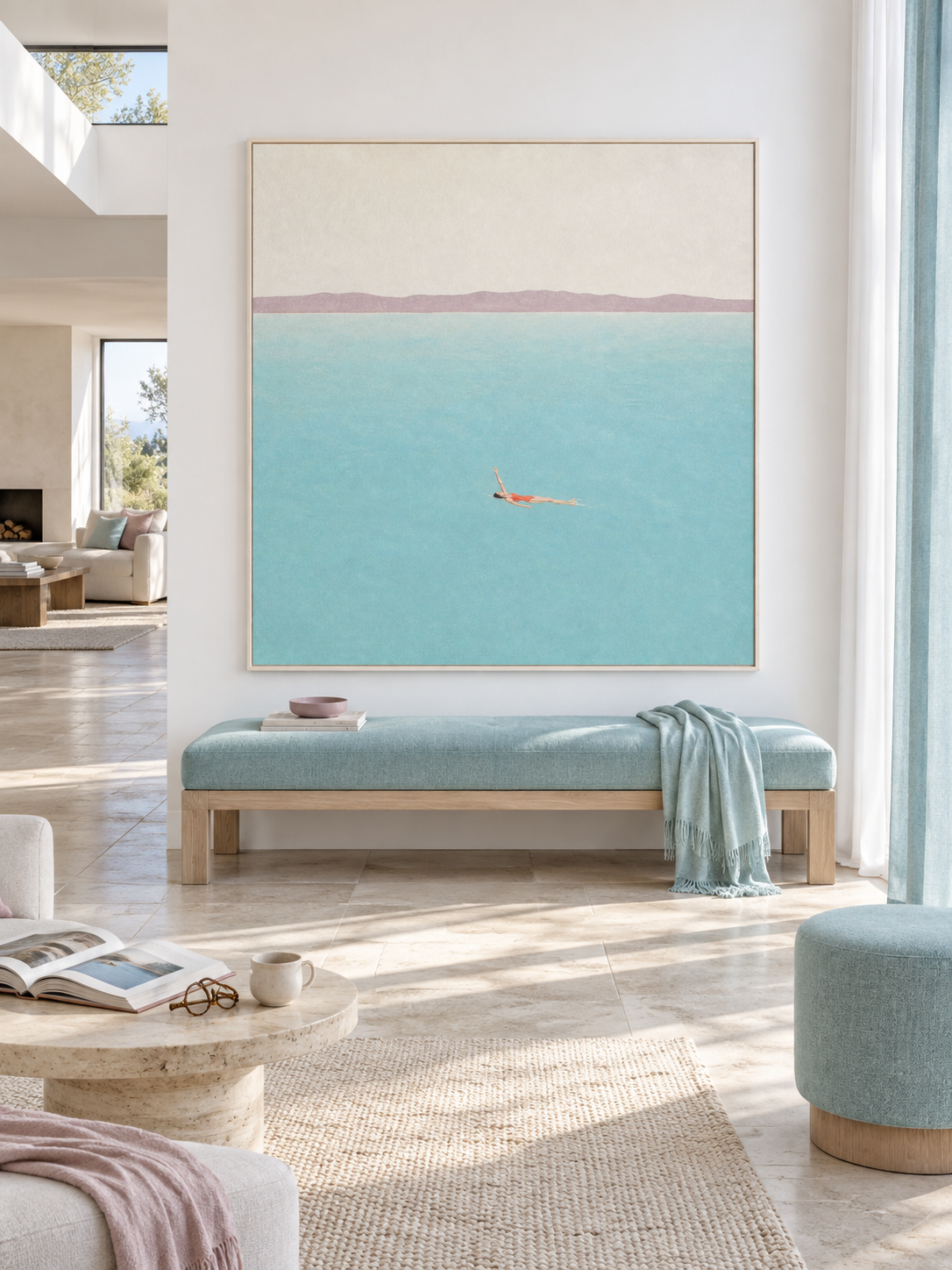 Woman Backstroke Swimming Across Turquoise Open Water Hand Painted Wall Art
