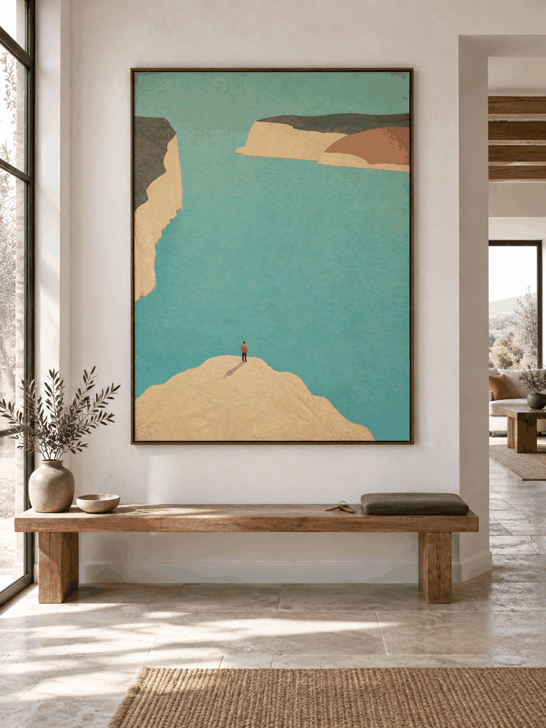 Large Aqua Coastal Landscape Wall Art With Cream Cliffs For Living Room Decor