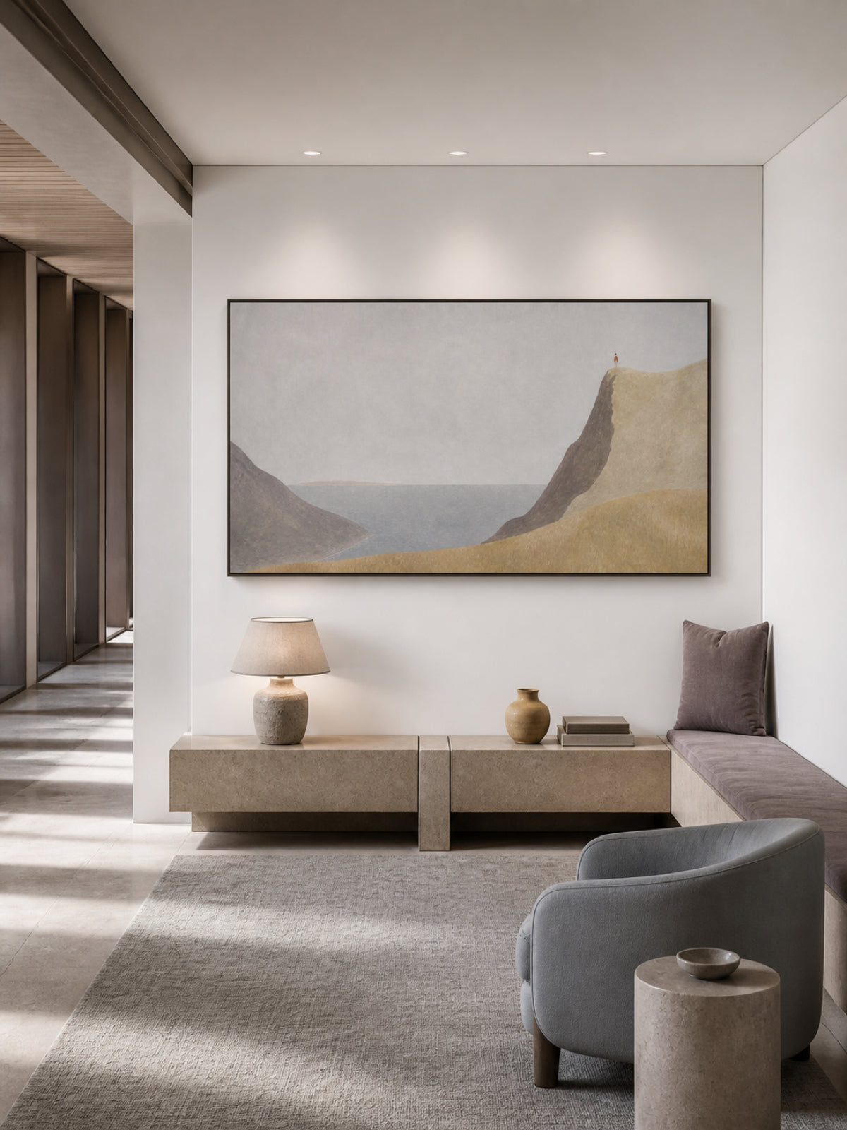 Beige Coastal Wall Art Hand Painted Minimalist Cliff Scene For Bedroom