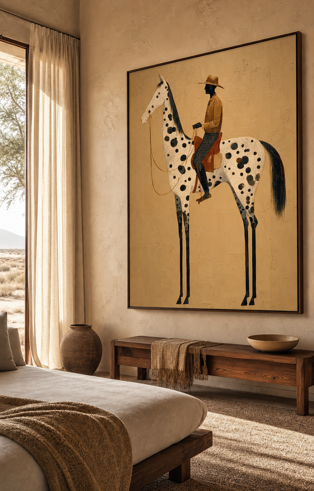 Vintage Cowboy And Horse Painting On Canvas For Living Room Decor