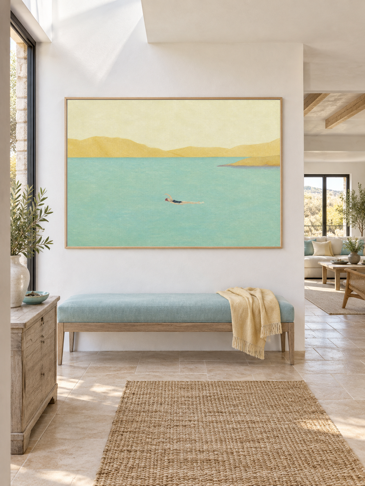 Solitary Swimmer In Turquoise Bay Hand-Painted Canvas Art With Golden Mountains