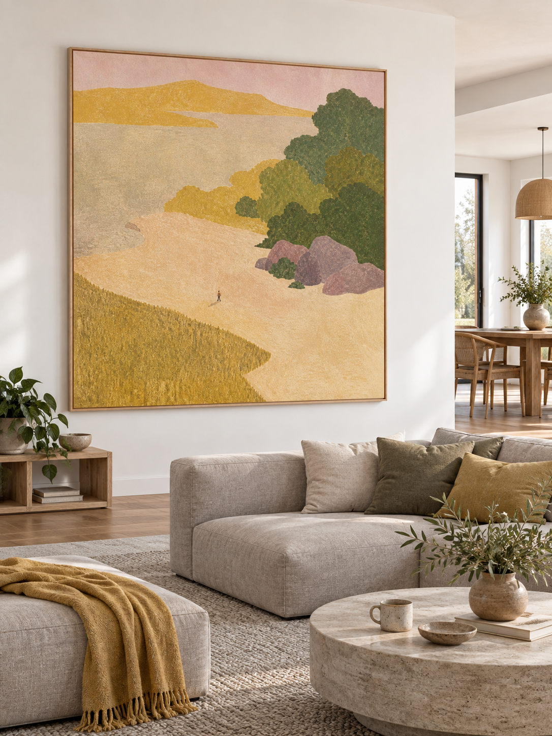 Large Hand Painted Minimalist Coastal Cove With A Tiny Figure Living Room Wall Art