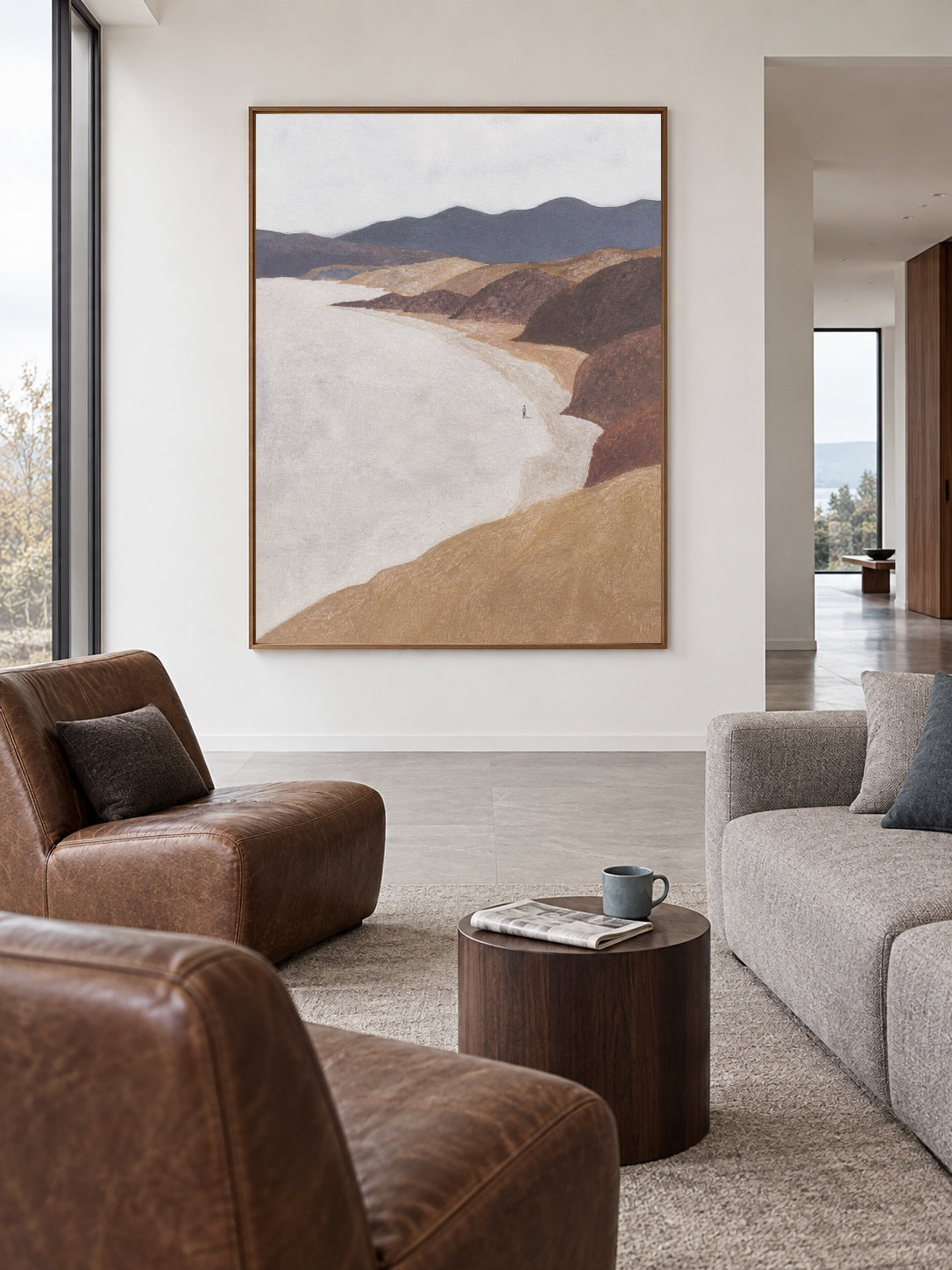 Minimalist Beach Landscape Hand-Painted Canvas Art With Solitary Figure In Earth Tones