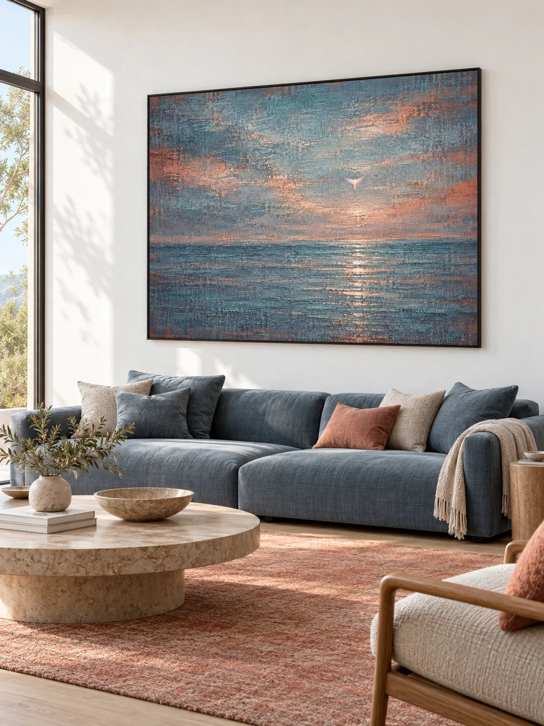 Hand-Painted Teal Seascape Canvas Art With Bird For Modern Wall Decor