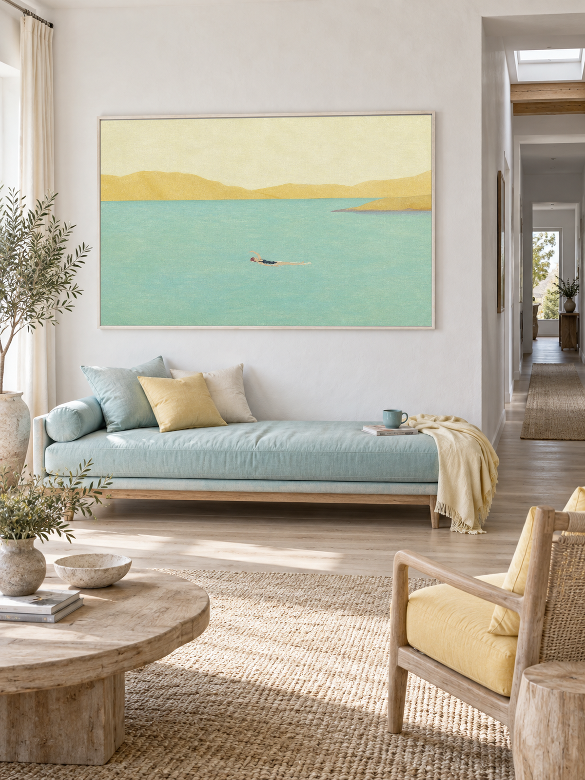 Solitary Swimmer In Turquoise Bay Hand-Painted Canvas Art With Golden Mountains
