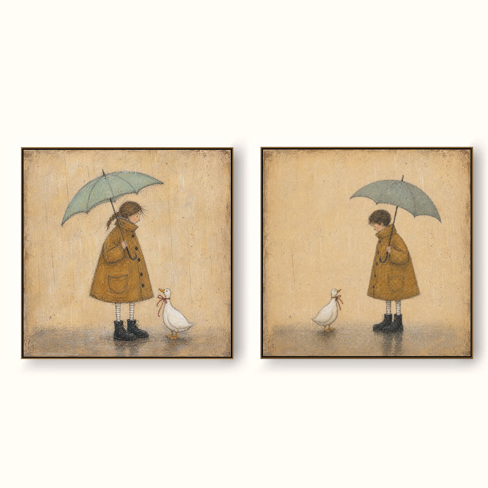 Hand Painted Umbrella Girl And Duck Diptych Whimsical Rainy Day Wall Art