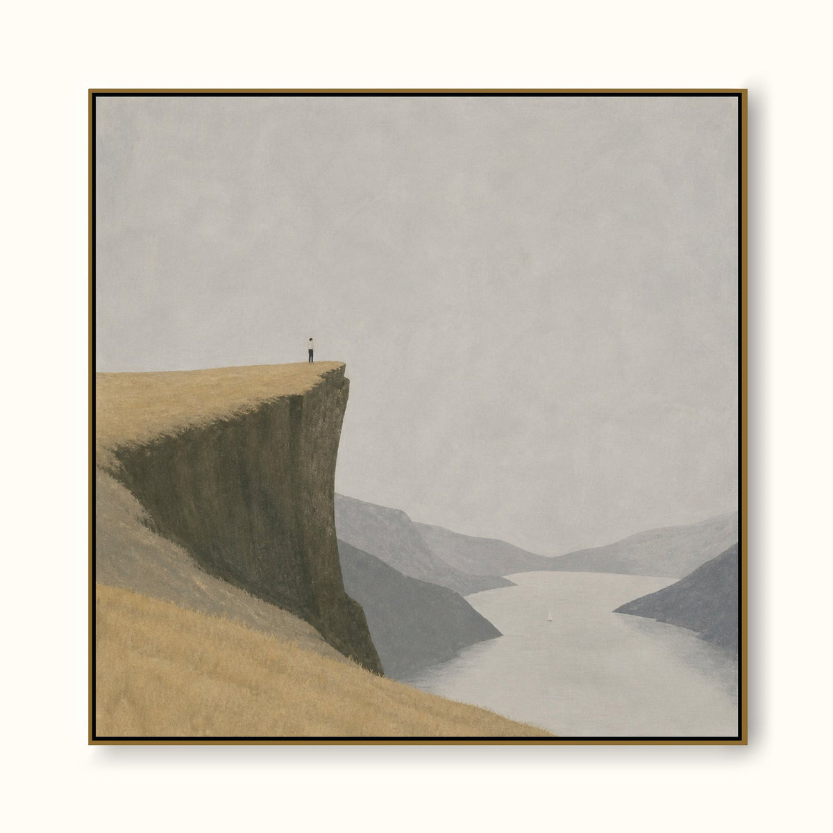 Large Hand Painted Fjord Landscape Oil Painting Tiny Figure Art For Bedroom