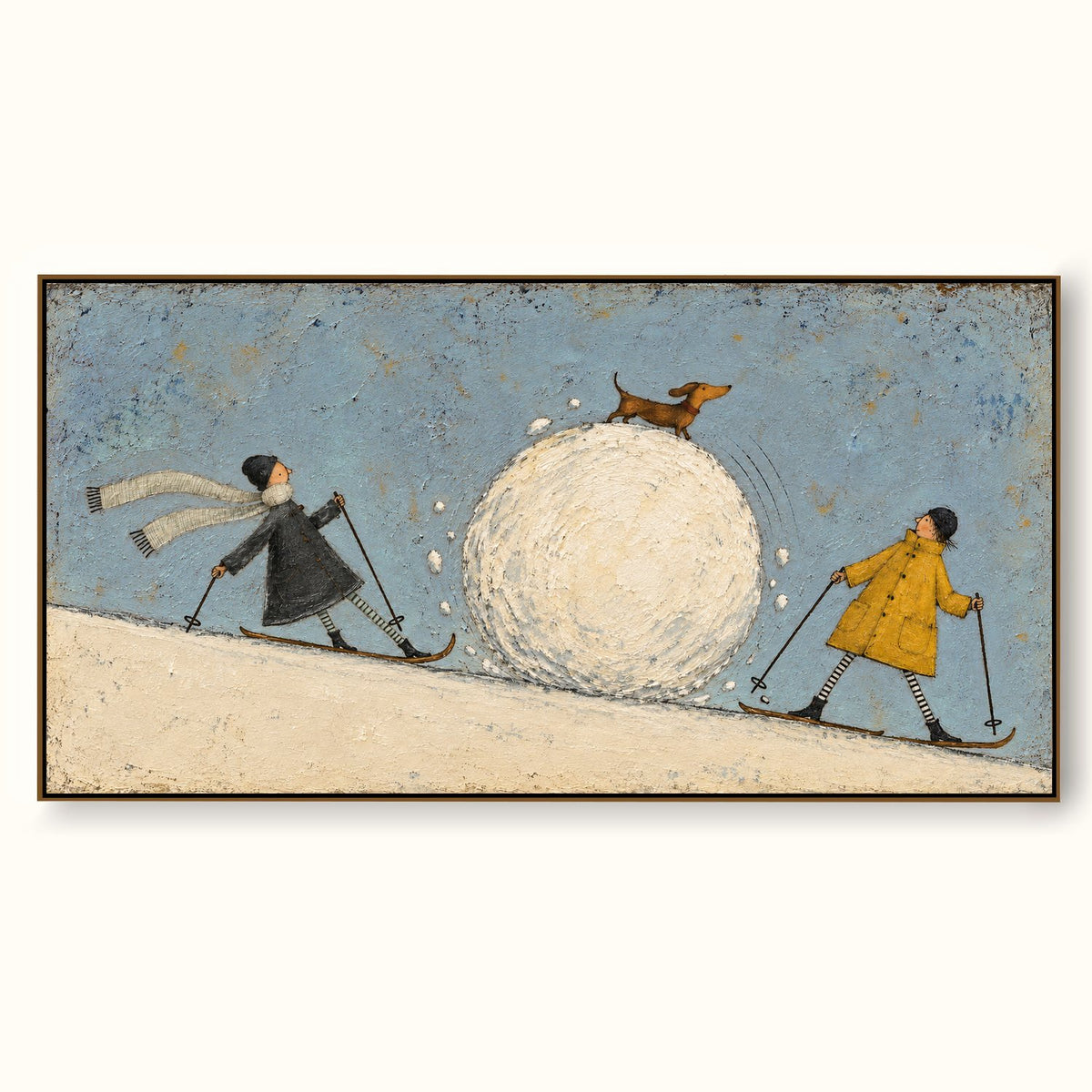 Whimsical Skiing Dog Hand-Painted Canvas Art With Snow Story