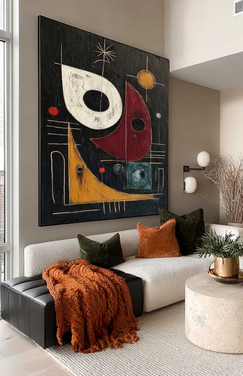 Square Abstract Geometric Painting In Black And Red For Modern Living Room