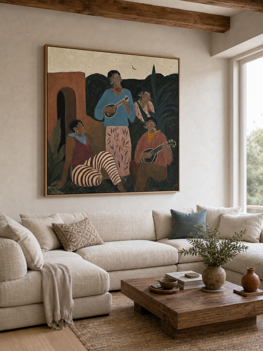 Original Hand Painted Folk Music Painting Vintage People Bohemian Wall Art