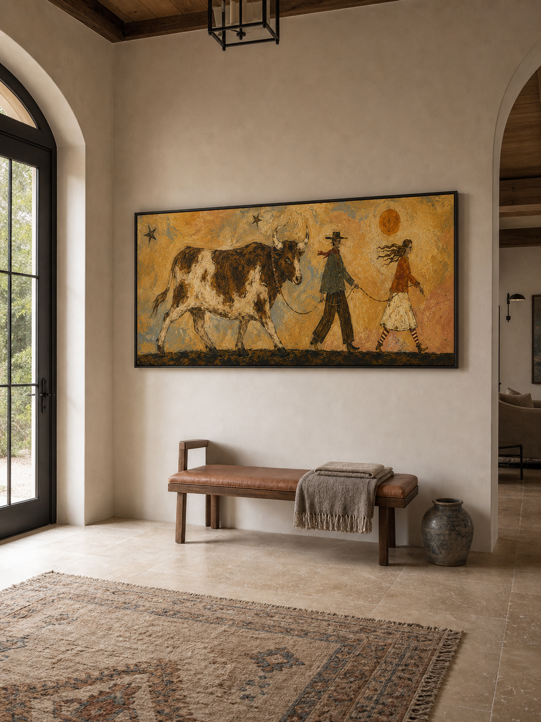 Original Handmade Western Oil Painting Large Vintage Cow Art Framed Ready To Hang