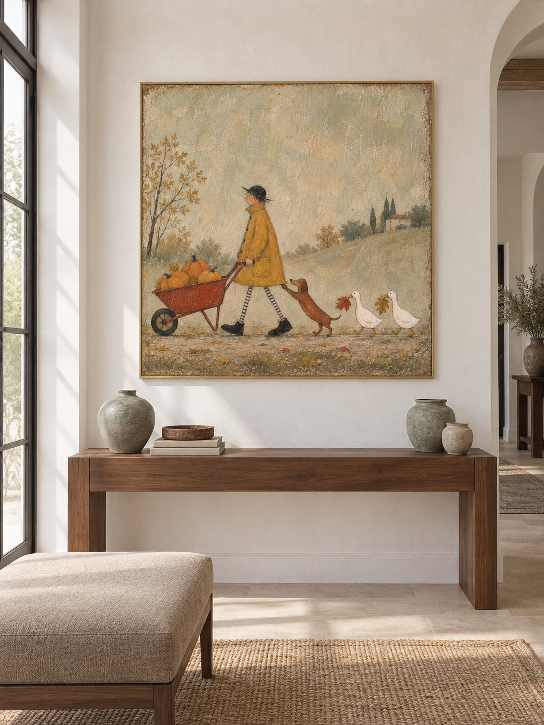 Autumn Harvest Canvas Art With Dog Ducks And Pumpkins For Kids Room Decor