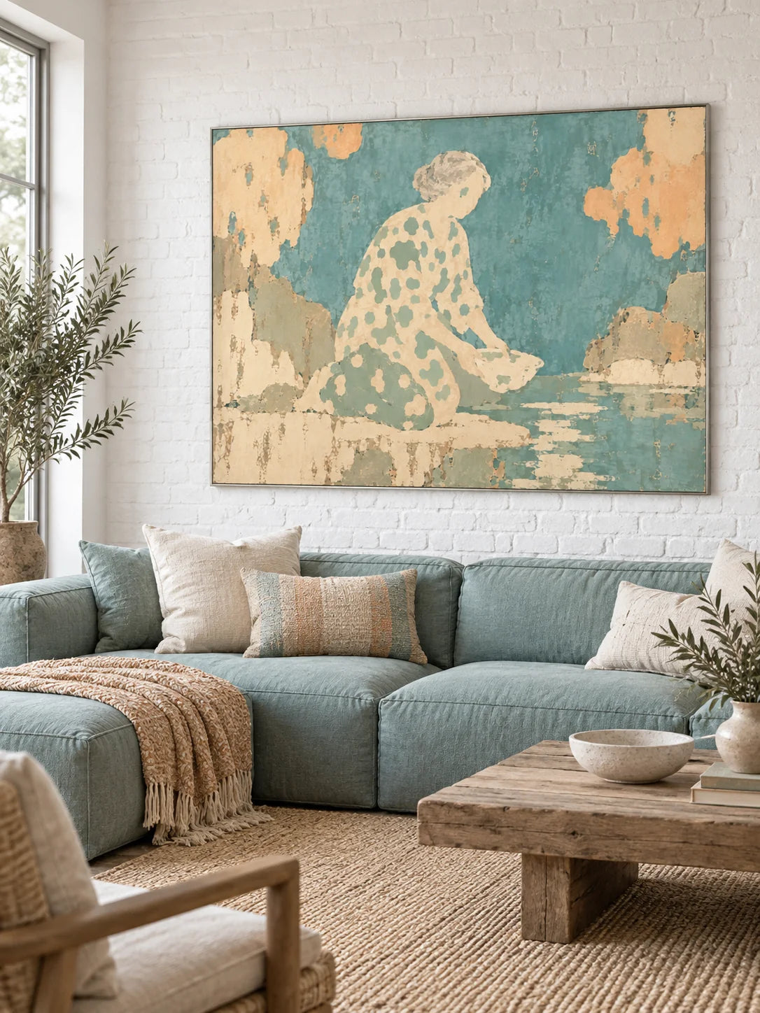 Contemporary Woman Canvas Art In Soft Blue And Cream For Living Room Decor