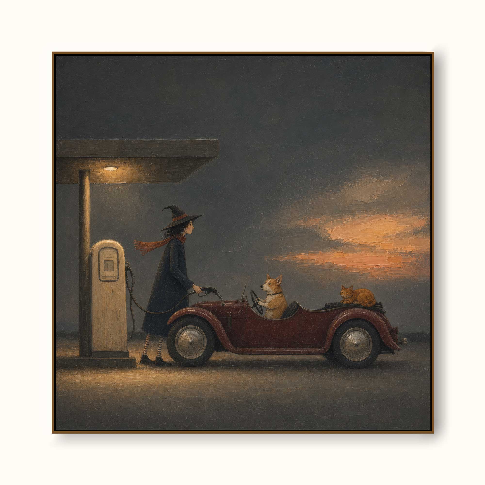 Vintage Car Painting With Witch And Dog Classic Wall Art For Home Decor