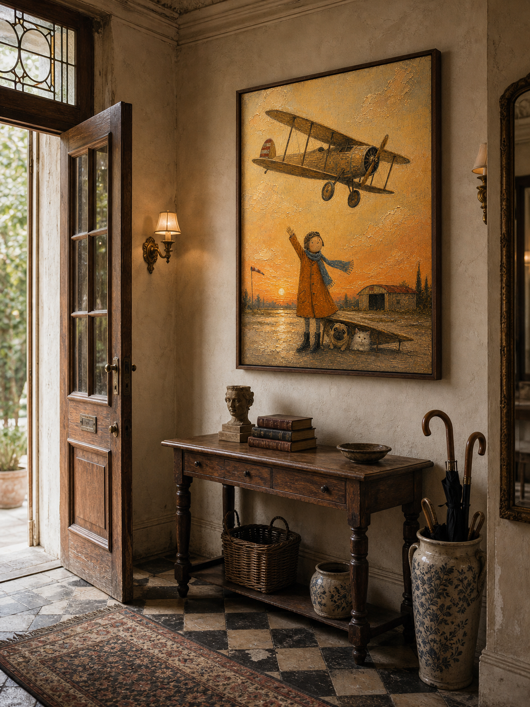 Whimsical Vintage Airplane Painting For Kids Room With Pets And Sunset Glow Original Art