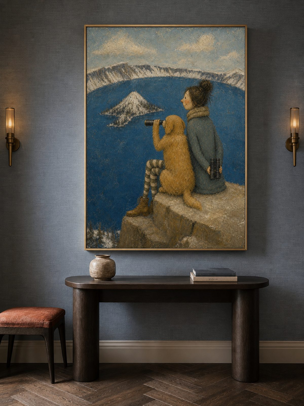 Charming National Park Pet Art With Dog And Mountain Lake Scenery For Home Decor