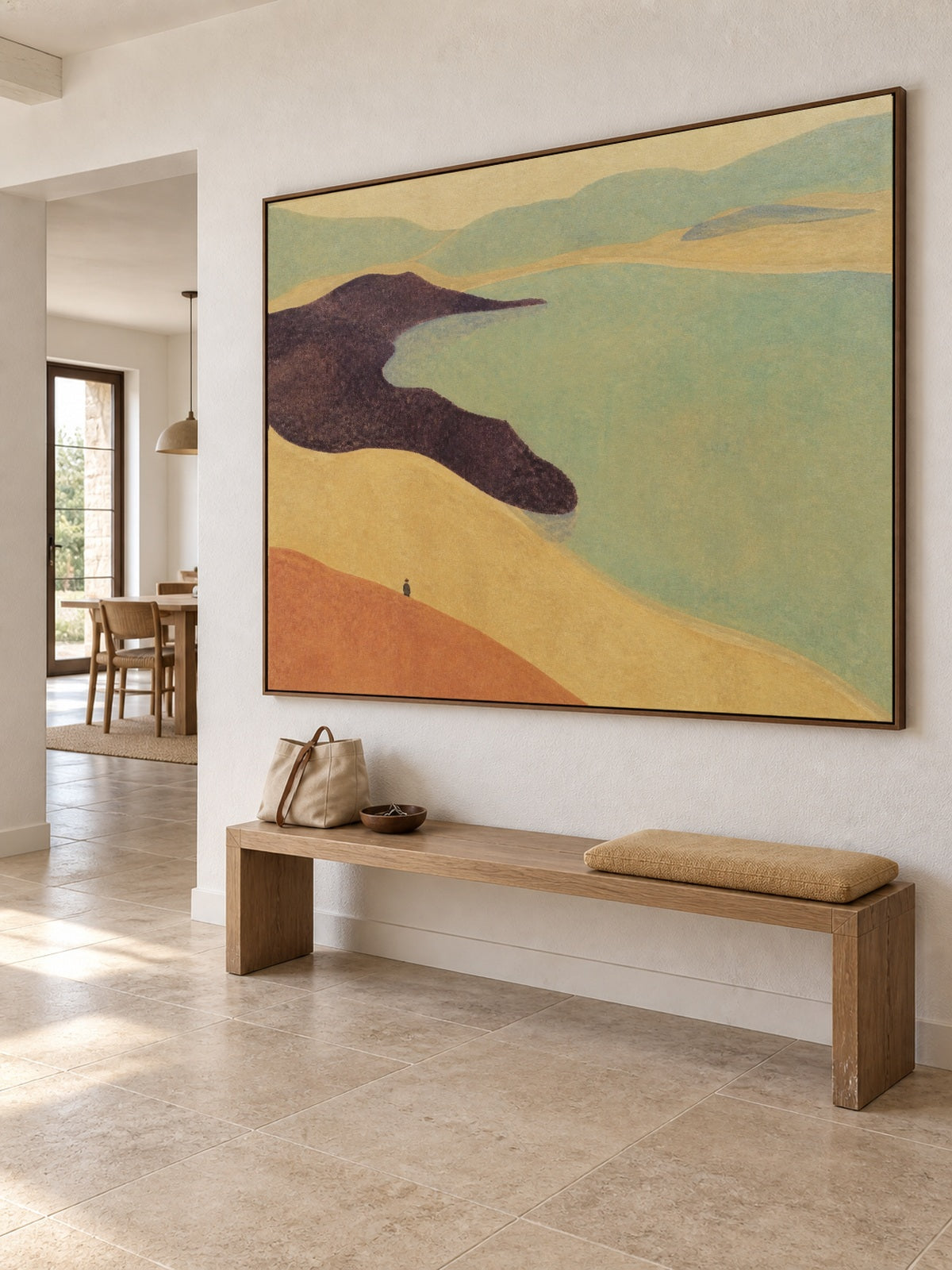Earth Tone Teal Lake Canvas Art With Lone Figure For Modern Living Room Decor