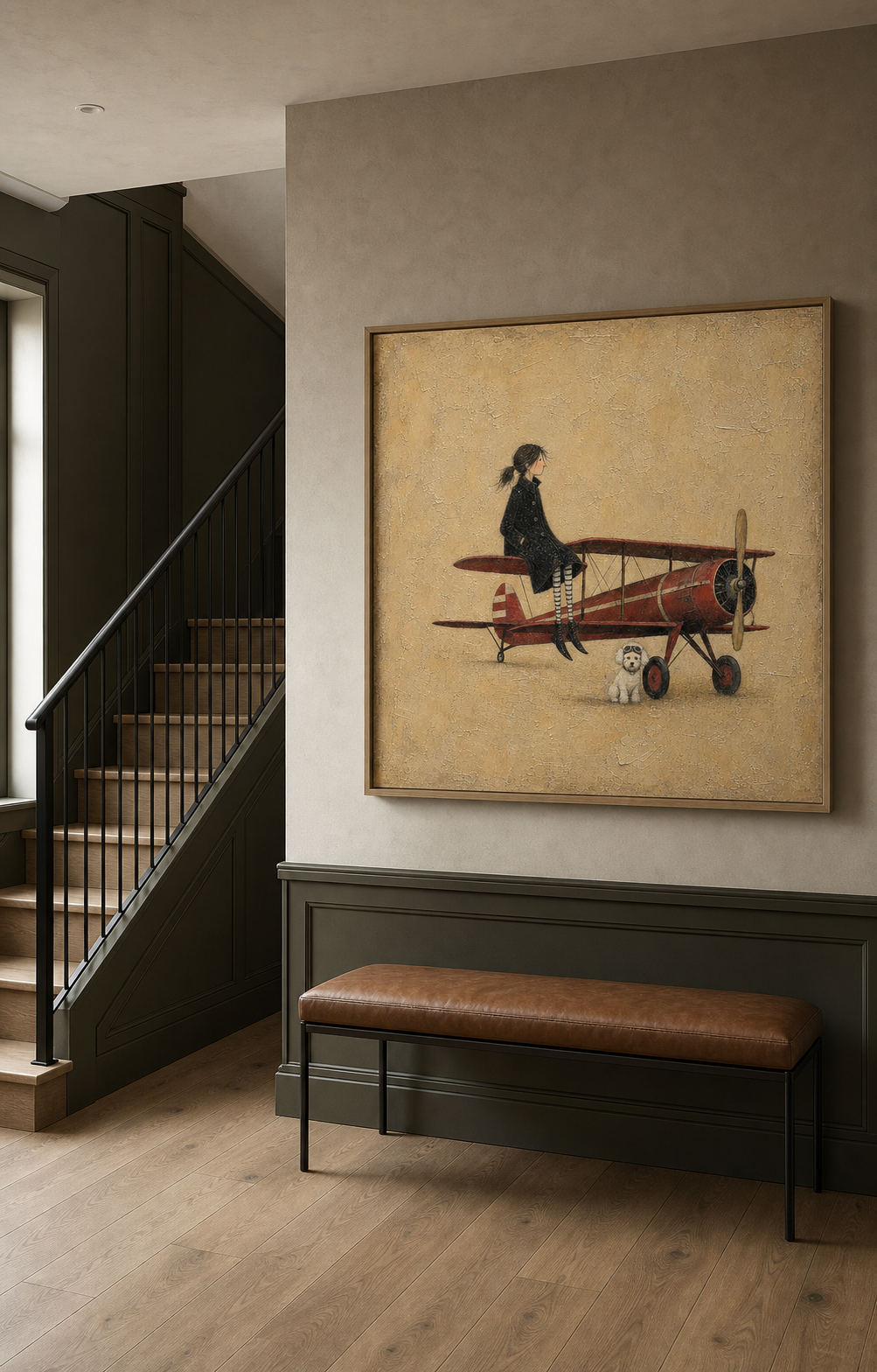 Original Surrealist Oil Painting Aviator Wall Art Handmade Canvas Vintage Airplane Fine Art