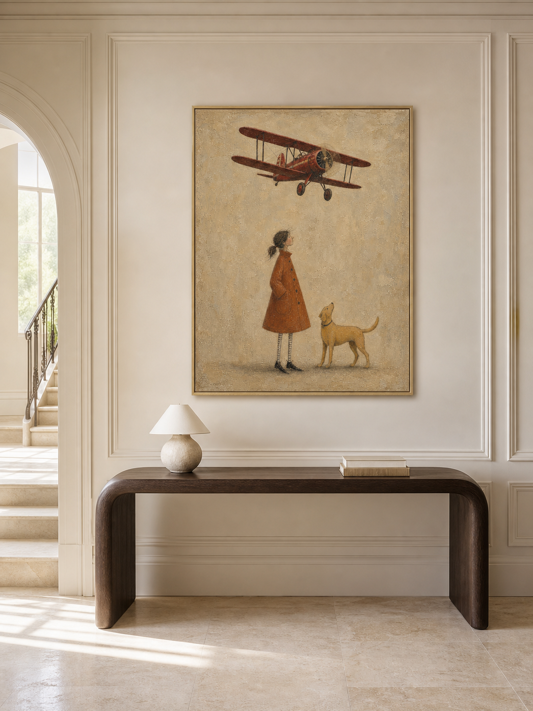 Vintage Red Biplane Painting Original Art For Travel Lovers Home Decor