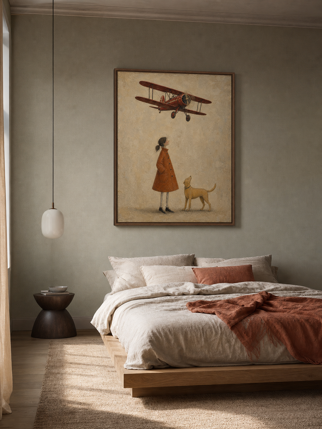 Vintage Red Biplane Painting Original Art For Travel Lovers Home Decor