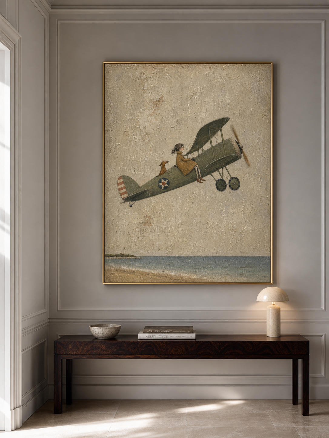 Vintage Airplane Painting Coastal Scene Original Art For Home Decor
