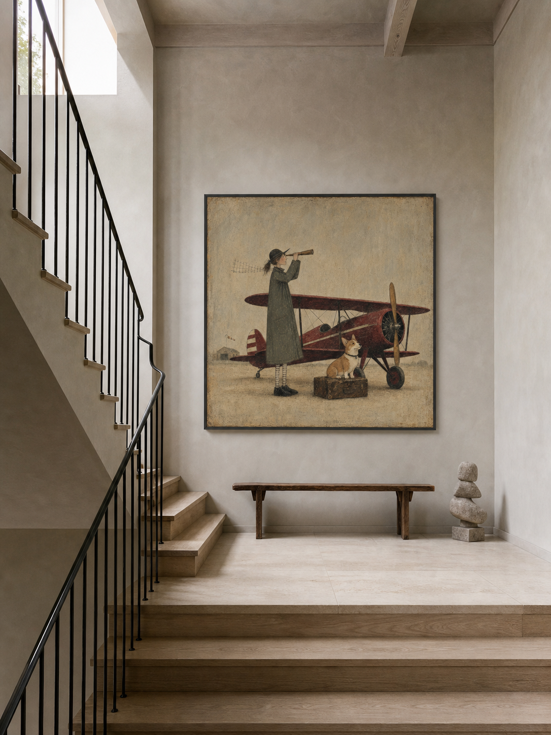 Vintage Airplane And Dog Painting For Travel Lovers Home Decor Art