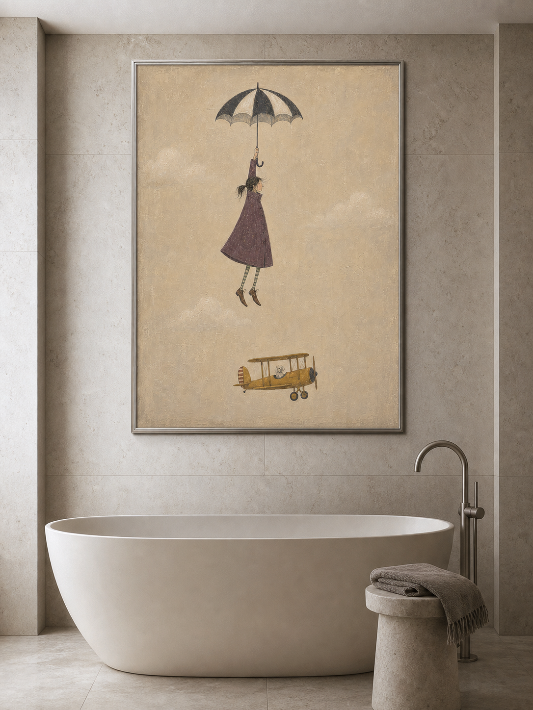 Vintage Style Minimalist Painting Of Flying Figure With Umbrella And Classic Yellow Airplane