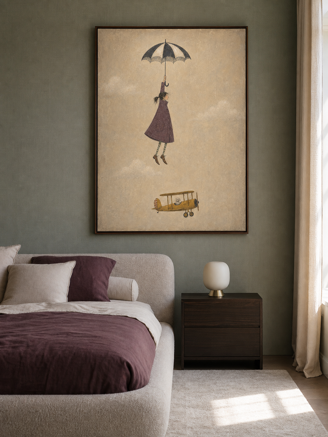 Vintage Style Minimalist Painting Of Flying Figure With Umbrella And Classic Yellow Airplane
