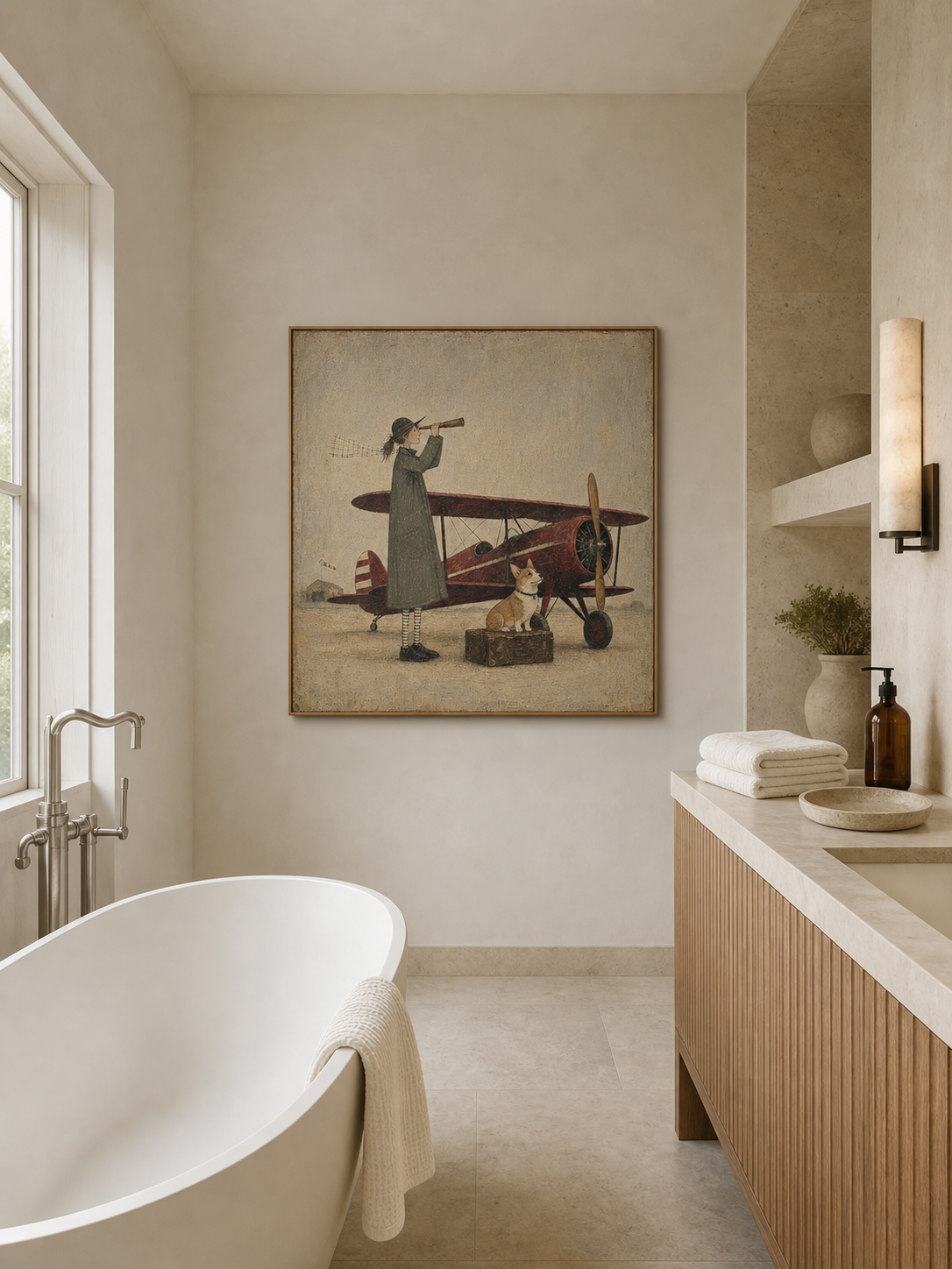 Vintage Airplane And Dog Painting For Travel Lovers Home Decor Art