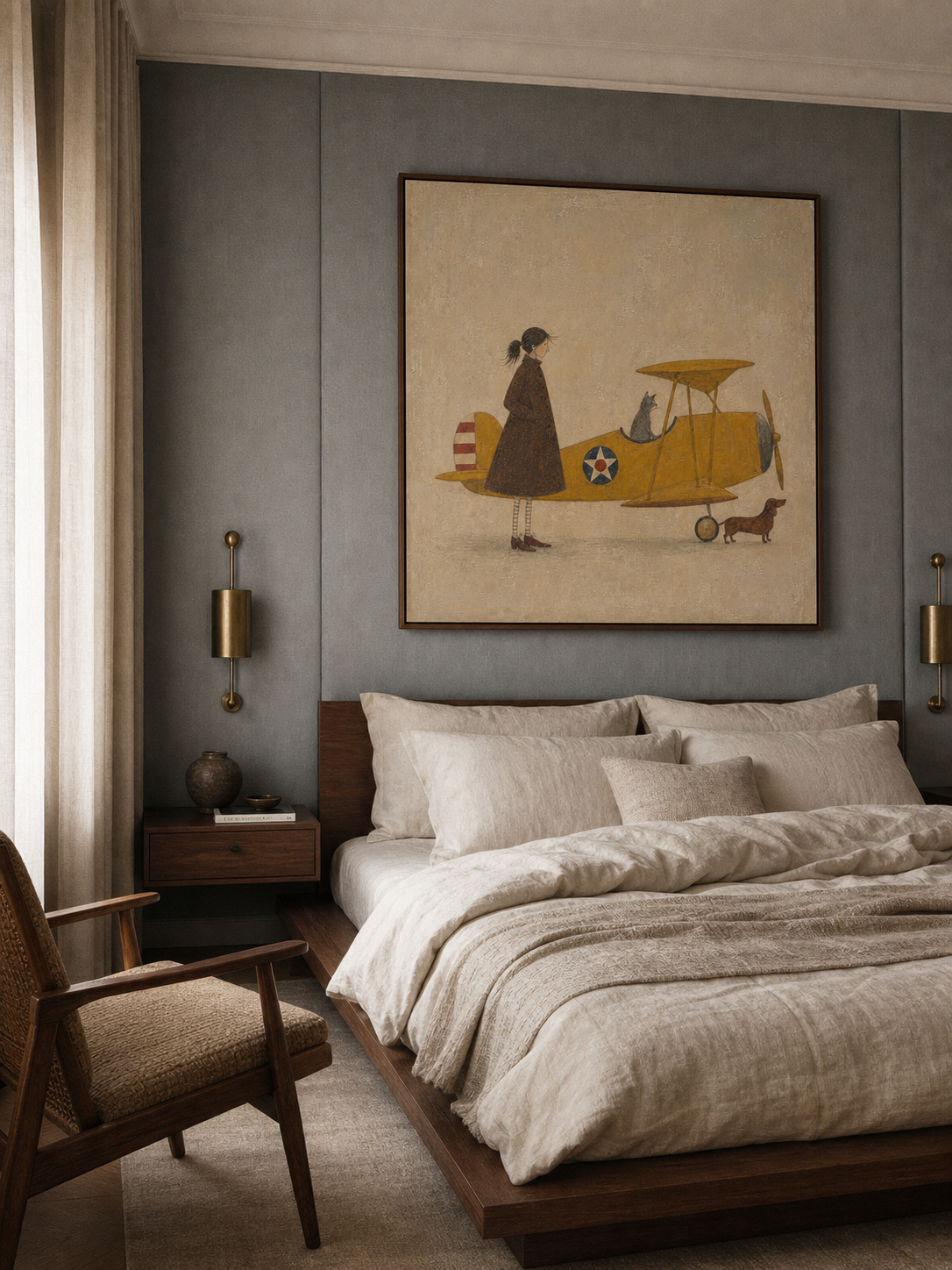 Whimsical Vintage Airplane Painting With Cat And Dog For Eclectic Home Decor