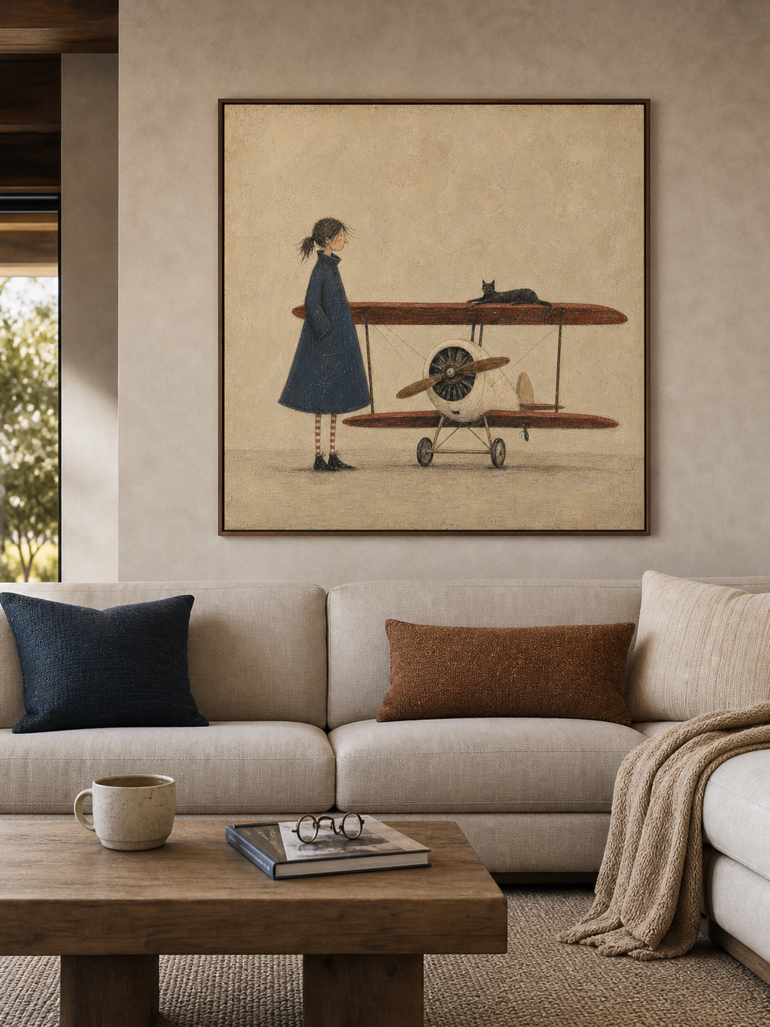 Vintage Airplane Art With Whimsical Figure In Square Canvas Framed For Modern Home Decor
