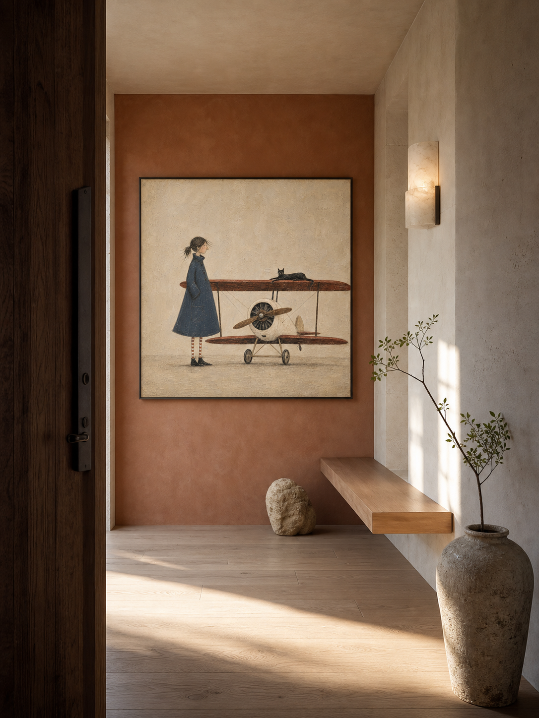 Vintage Airplane Art With Whimsical Figure In Square Canvas Framed For Modern Home Decor