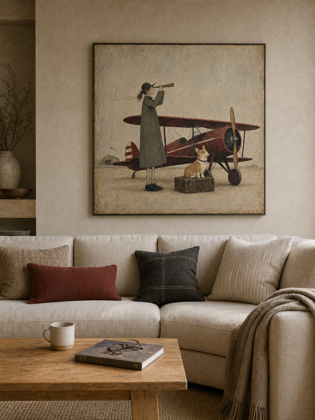 Vintage Airplane And Dog Painting For Travel Lovers Home Decor Art