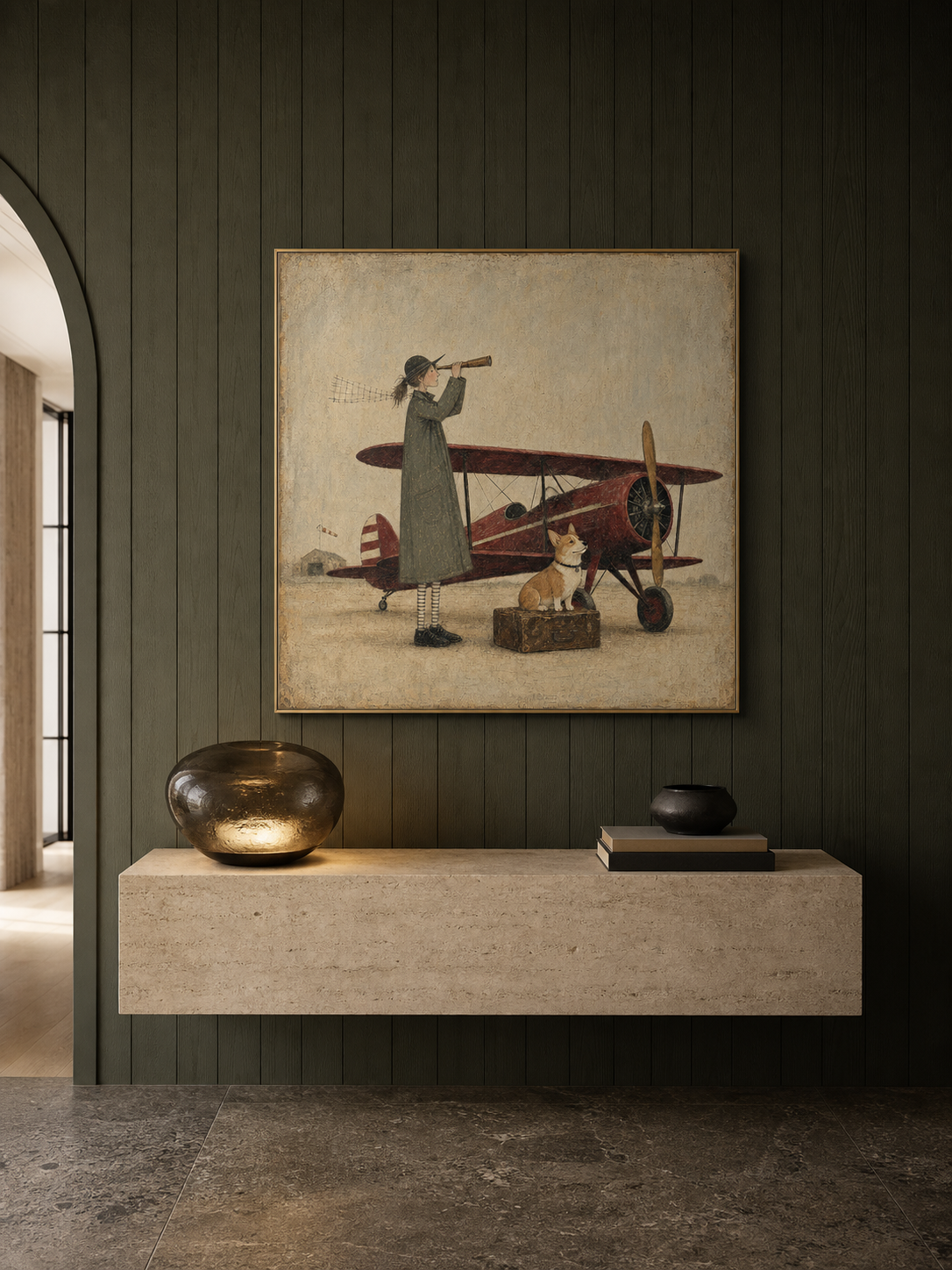 Vintage Airplane And Dog Painting For Travel Lovers Home Decor Art