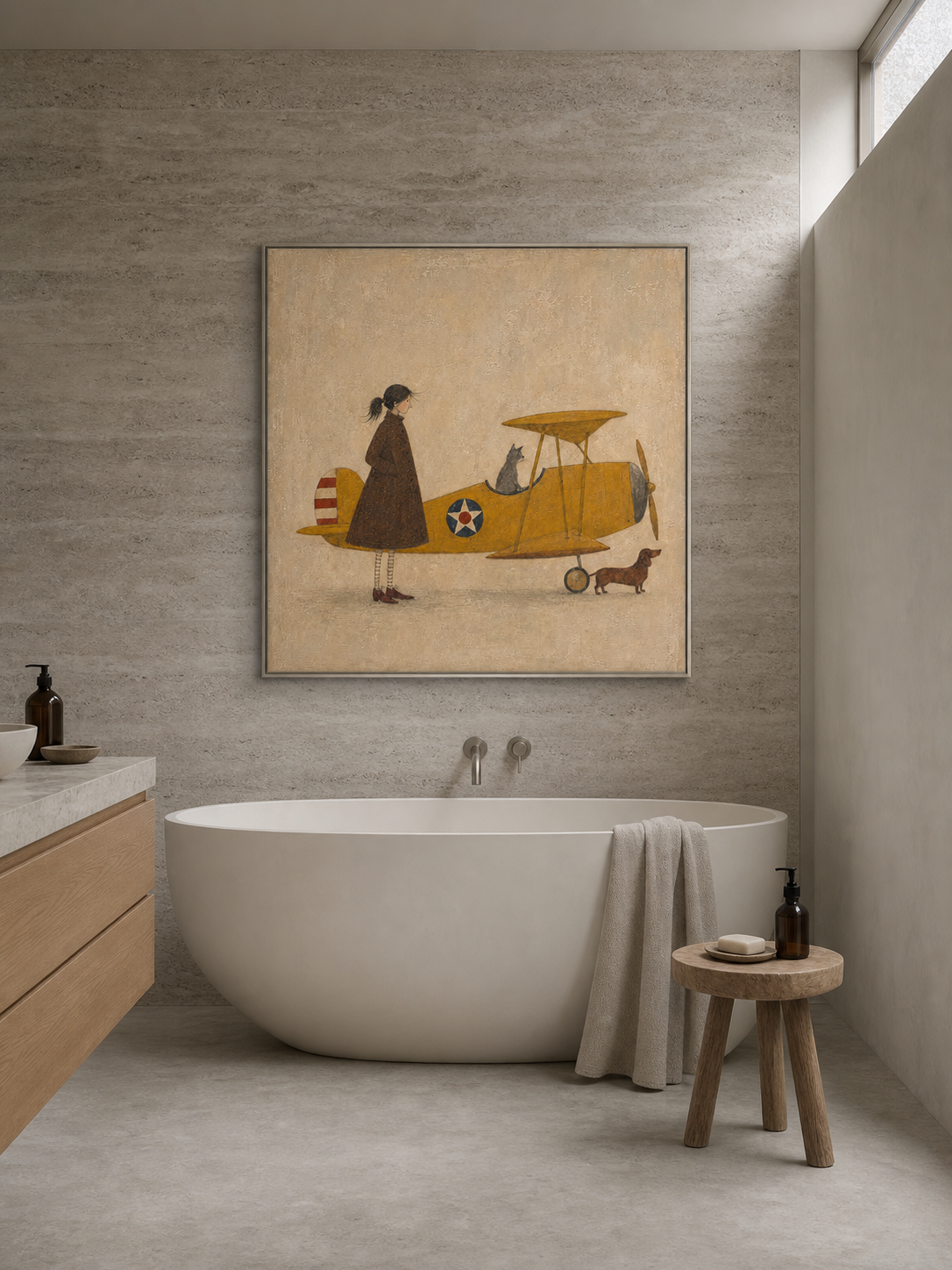 Whimsical Vintage Airplane Painting With Cat And Dog For Eclectic Home Decor
