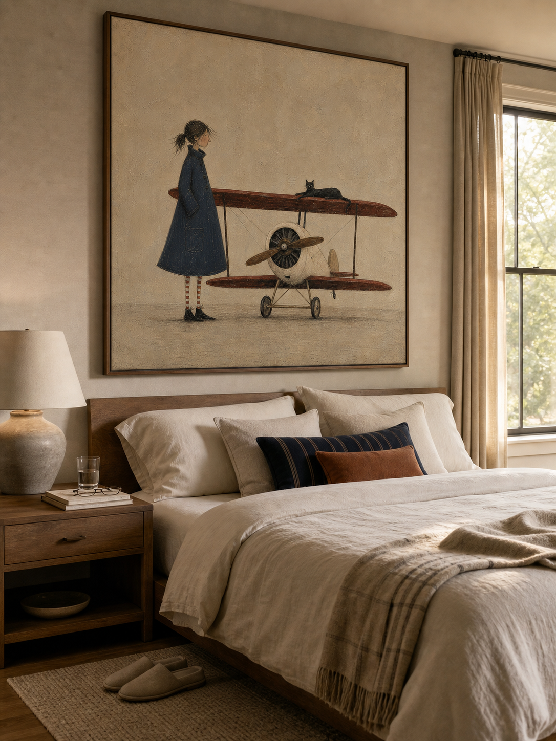 Vintage Airplane Art With Whimsical Figure In Square Canvas Framed For Modern Home Decor