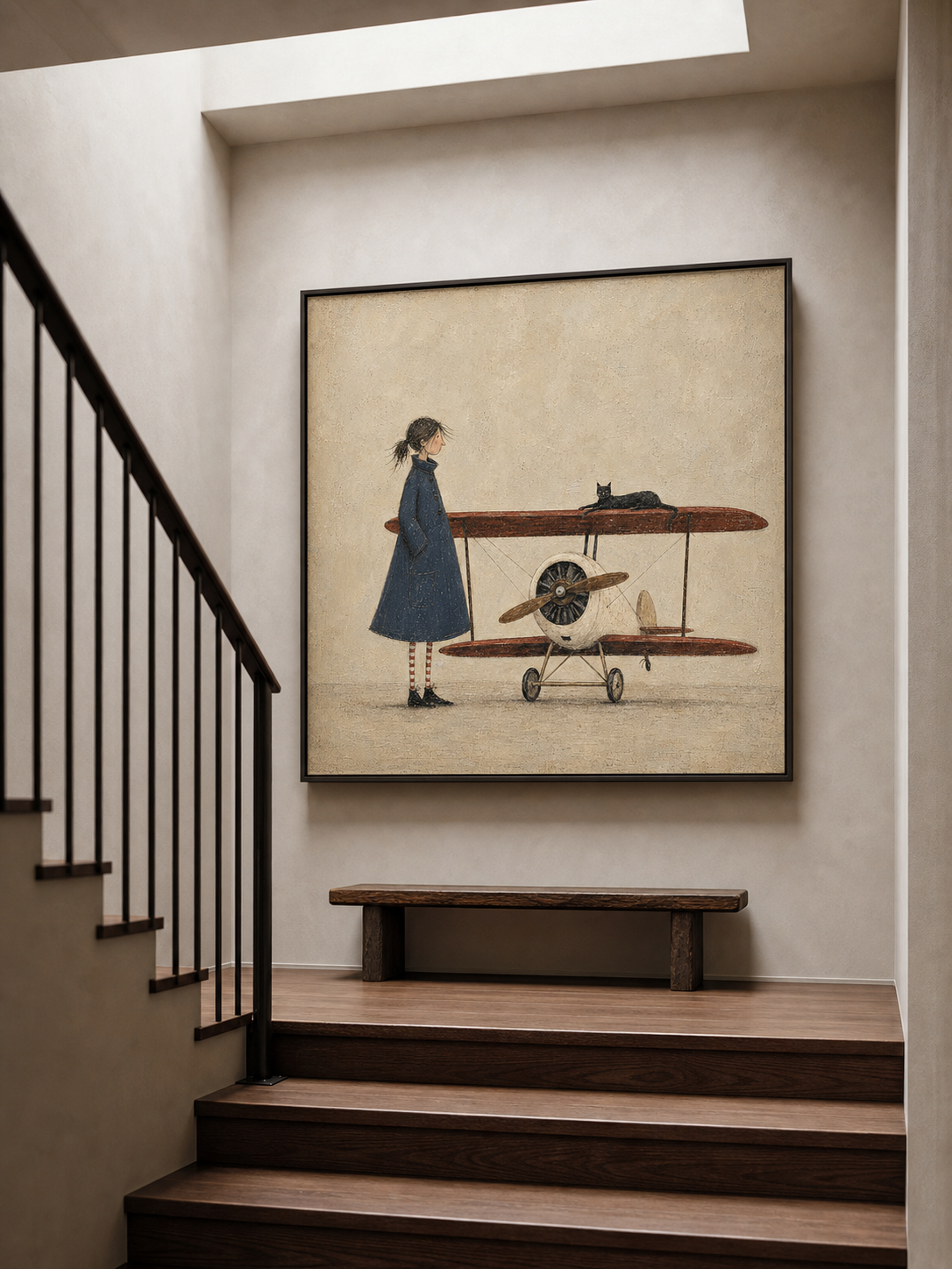 Vintage Airplane Art With Whimsical Figure In Square Canvas Framed For Modern Home Decor