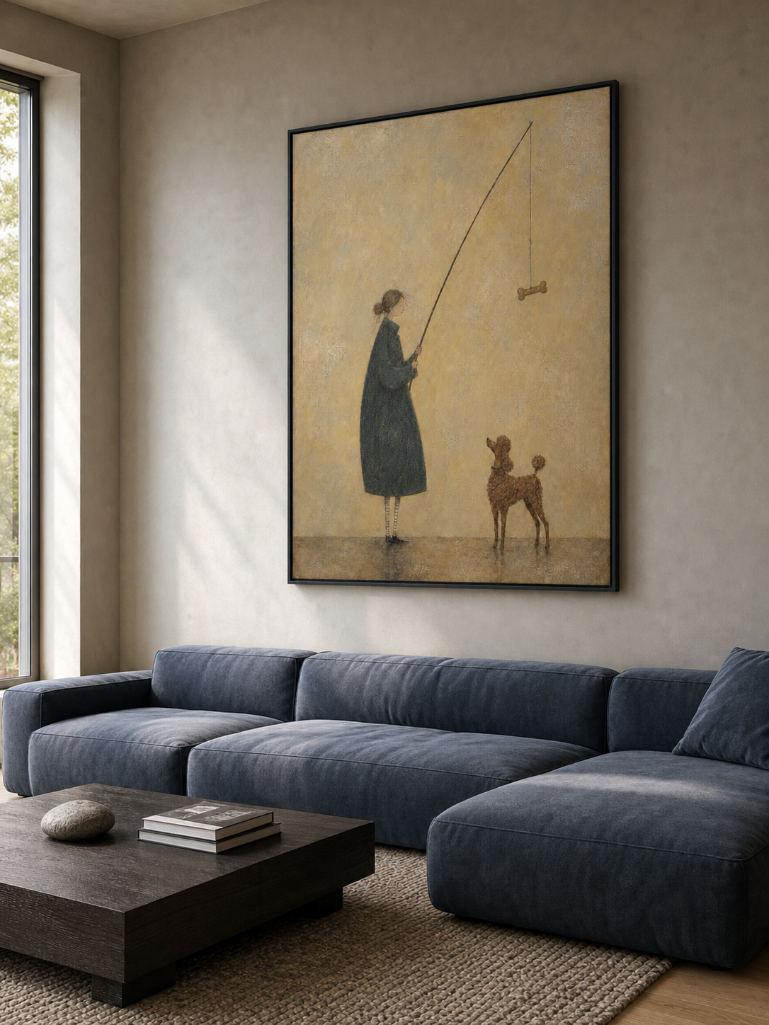 Large Man With House And Poodle Oil Painting Handmade Whimsical Wall Art