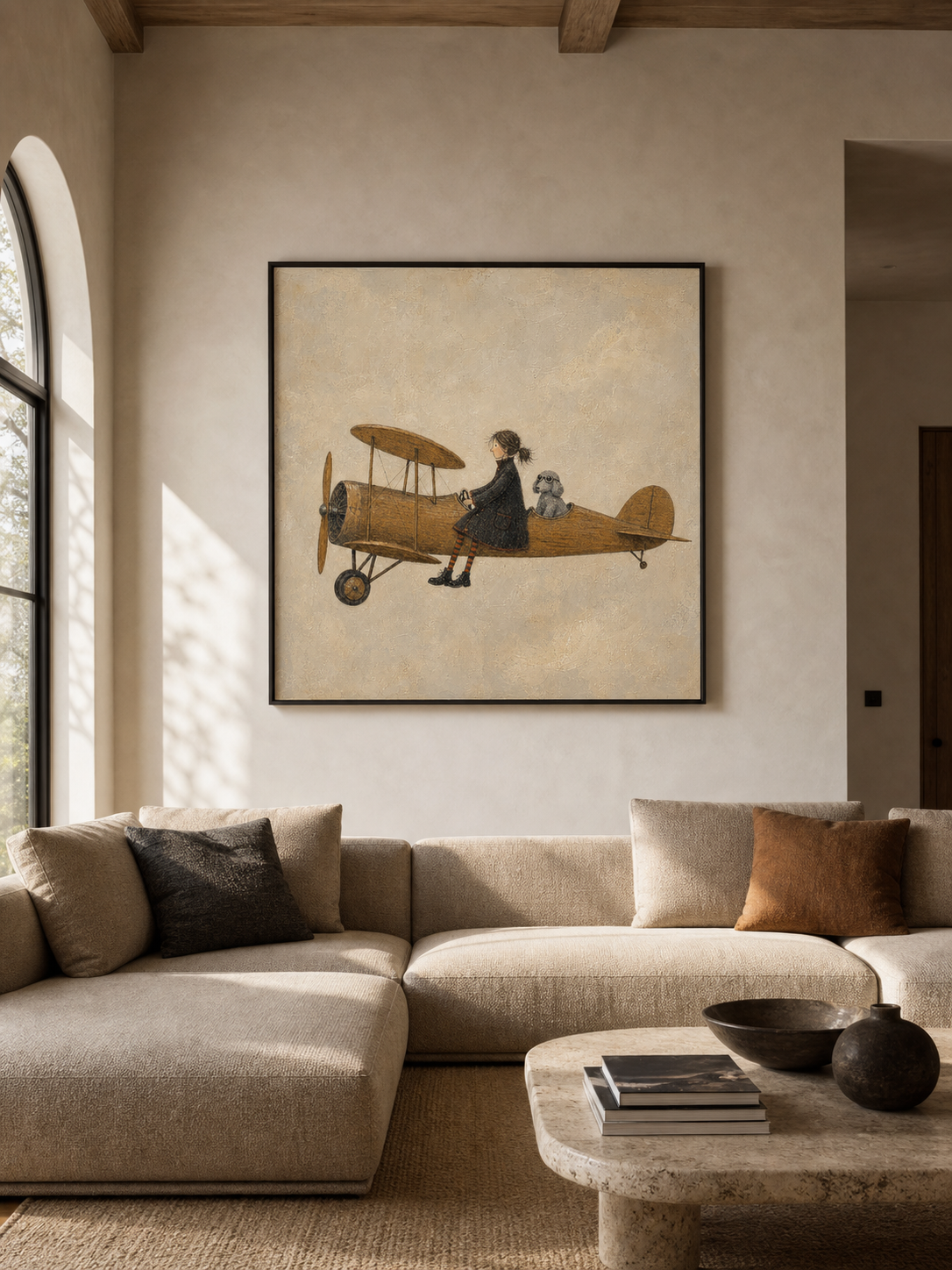 Whimsical Pilot And Dog Aviation Painting Vintage Style Art For Home Decor