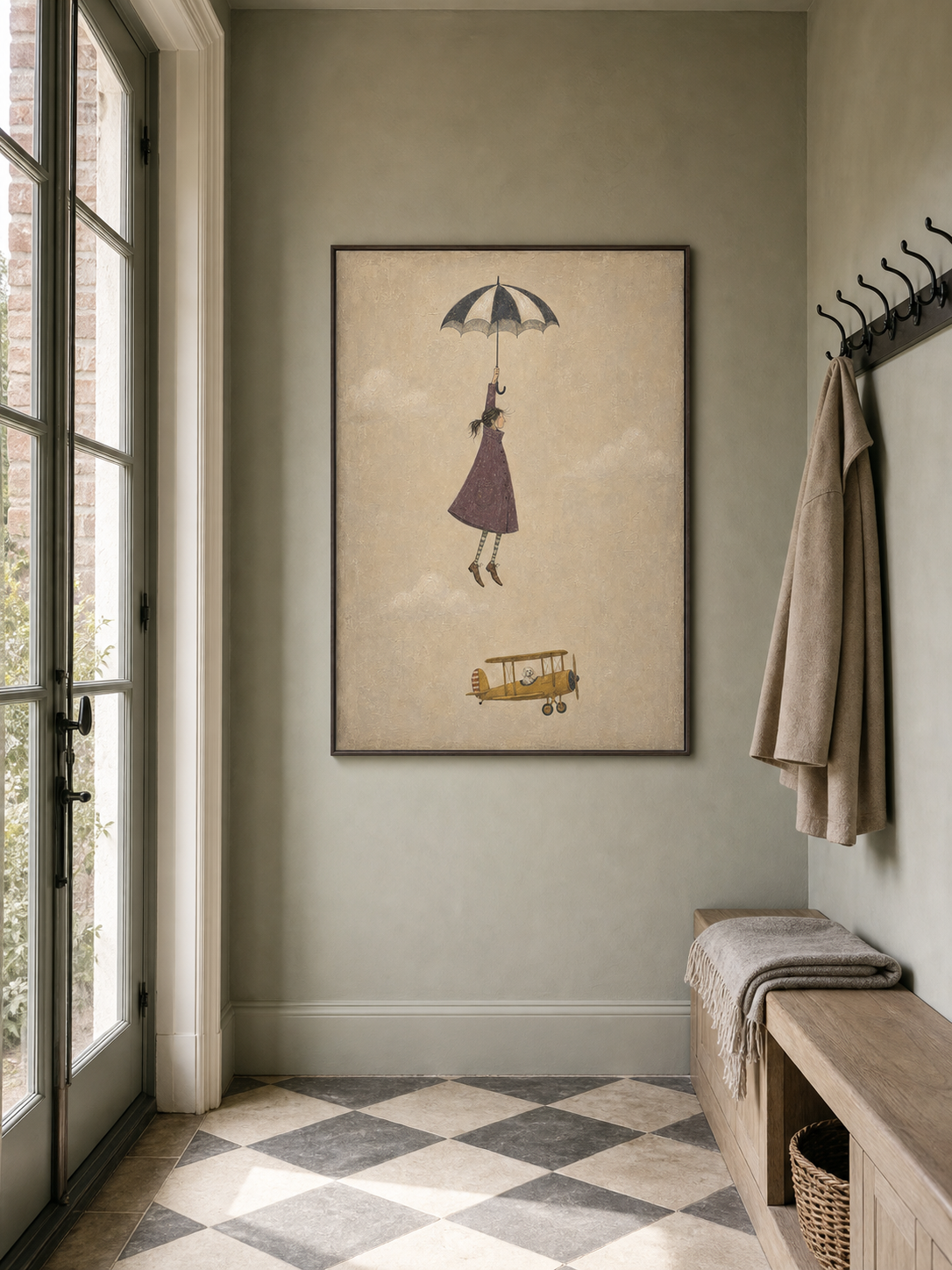 Vintage Style Minimalist Painting Of Flying Figure With Umbrella And Classic Yellow Airplane