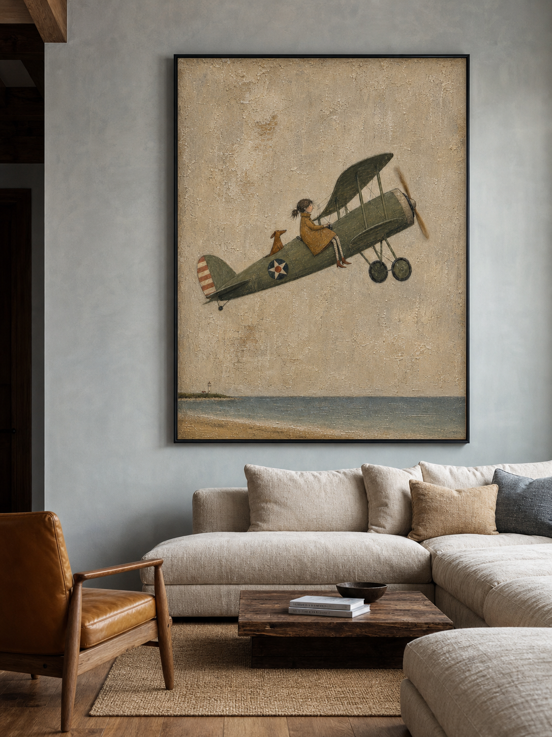 Vintage Airplane Painting Coastal Scene Original Art For Home Decor