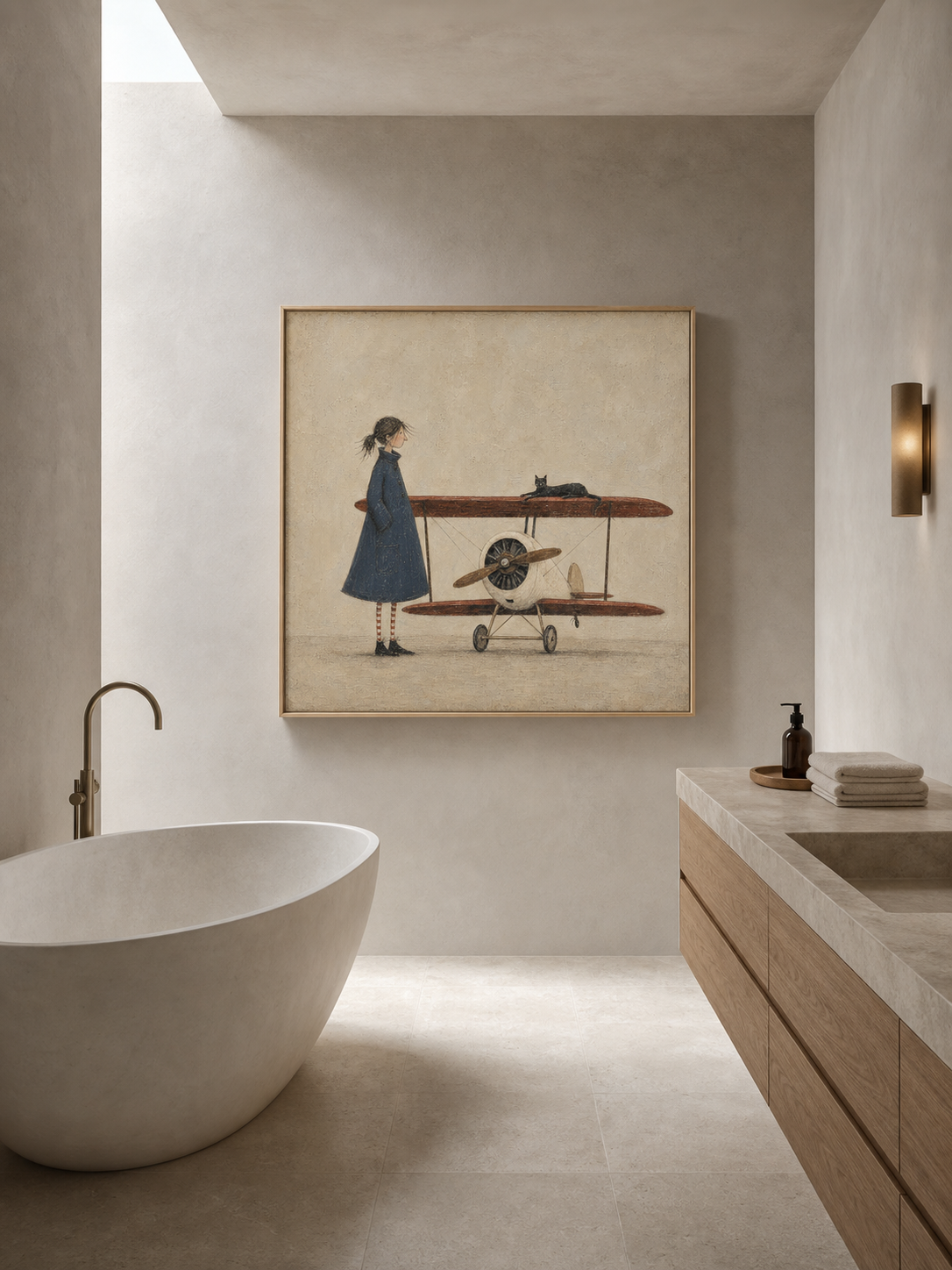 Vintage Airplane Art With Whimsical Figure In Square Canvas Framed For Modern Home Decor